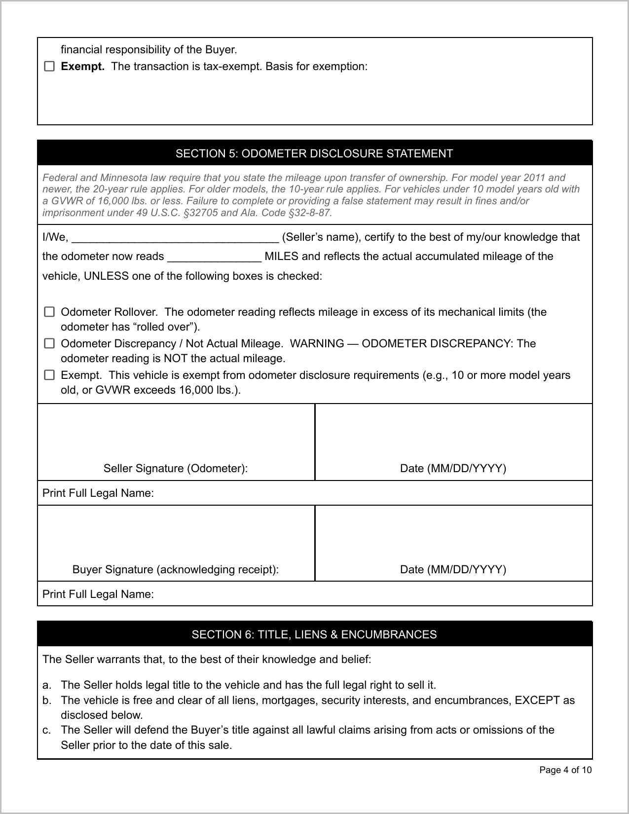 Free Minnesota Motor Vehicle Bill of Sale Template Page 1