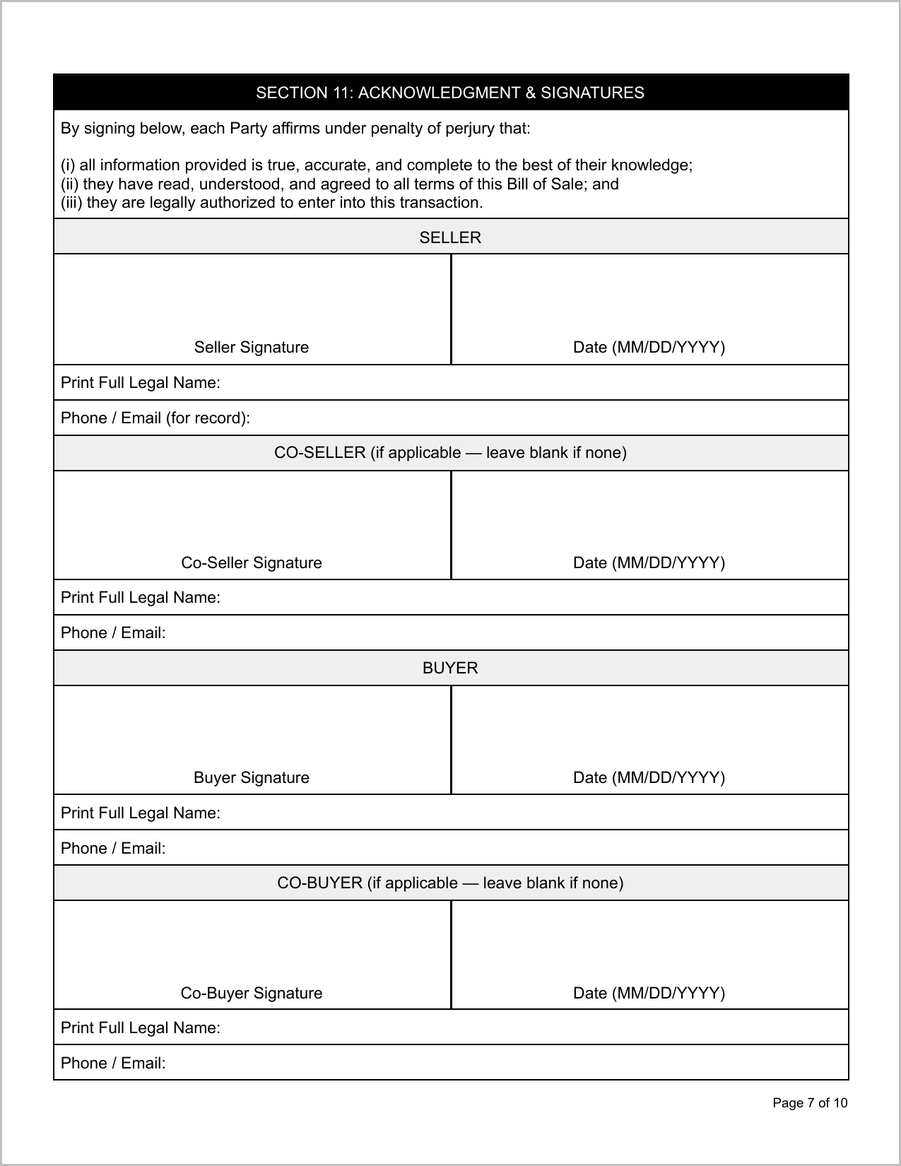 Free Minnesota Motor Vehicle Bill of Sale Template Page 1