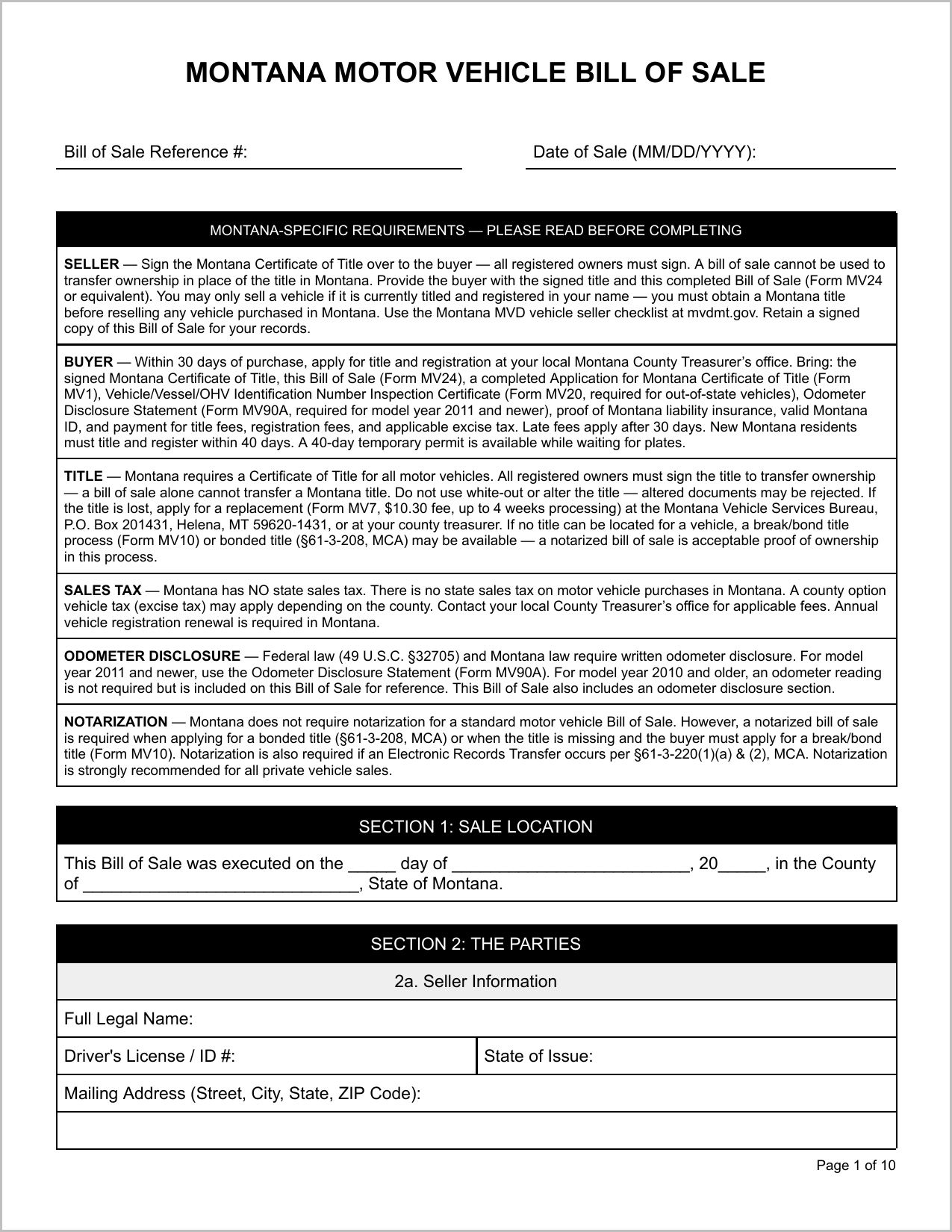 Free Montana Motor Vehicle Bill of Sale Template Page 1