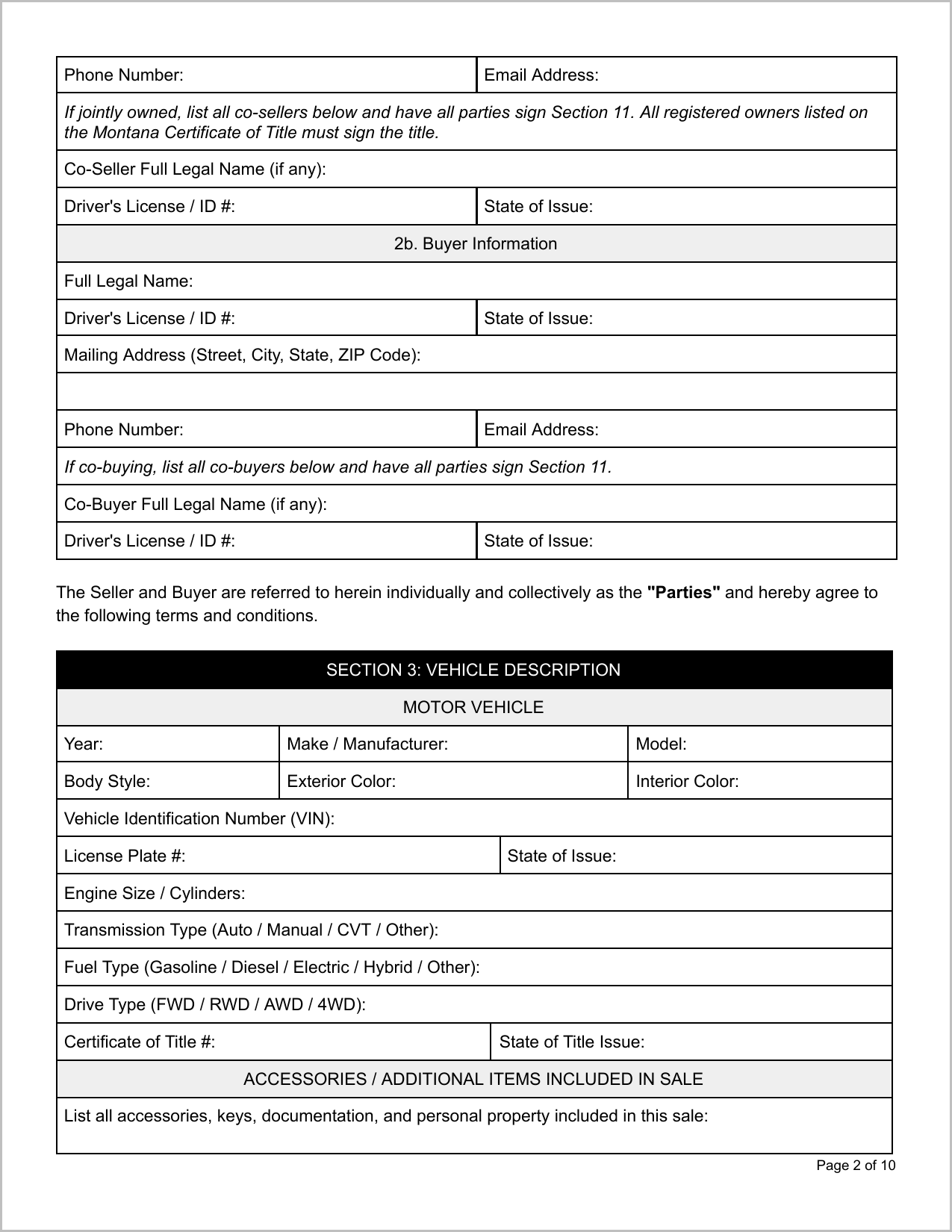 Free Montana Motor Vehicle Bill of Sale Template Page 2