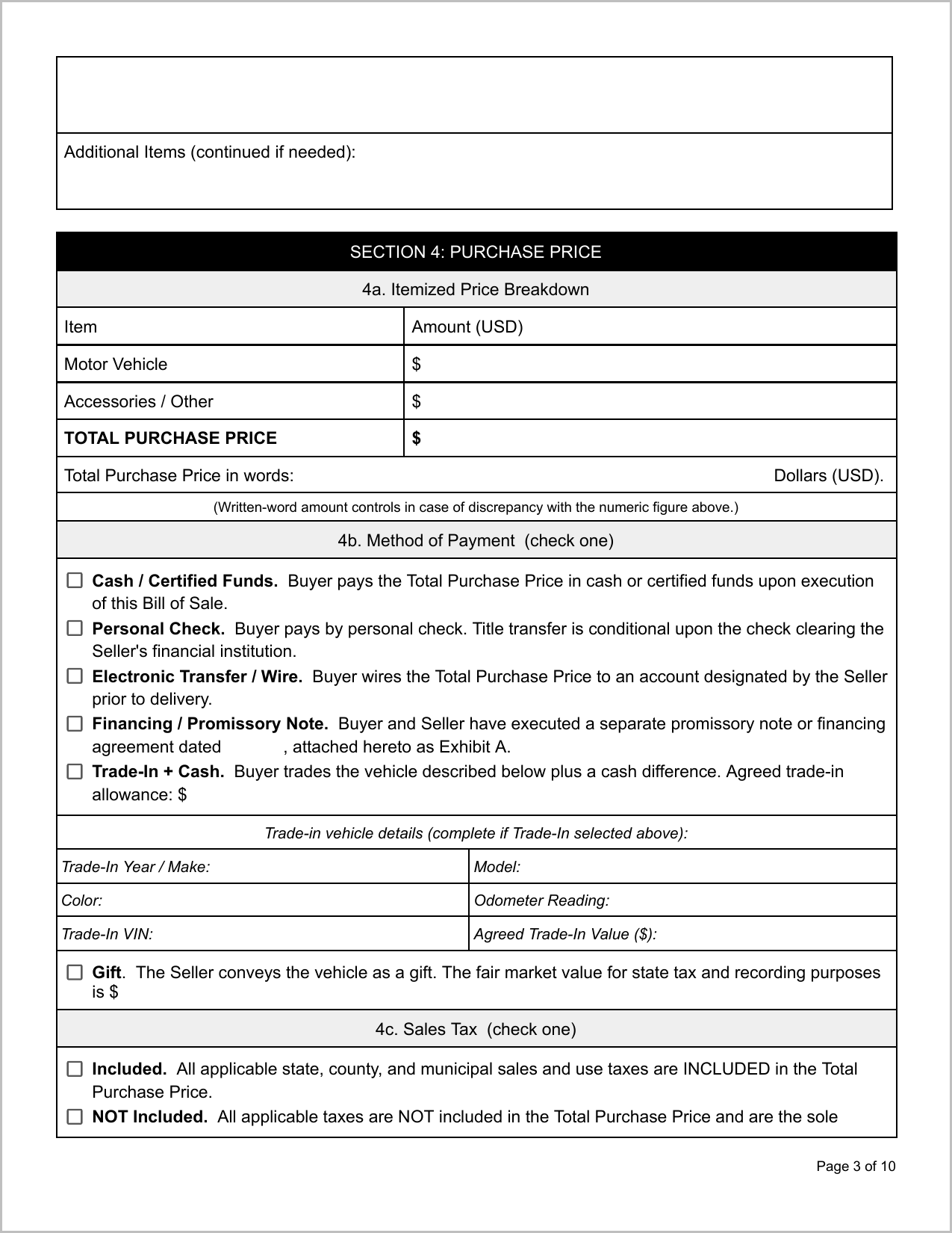 Free Montana Motor Vehicle Bill of Sale Template Page 3