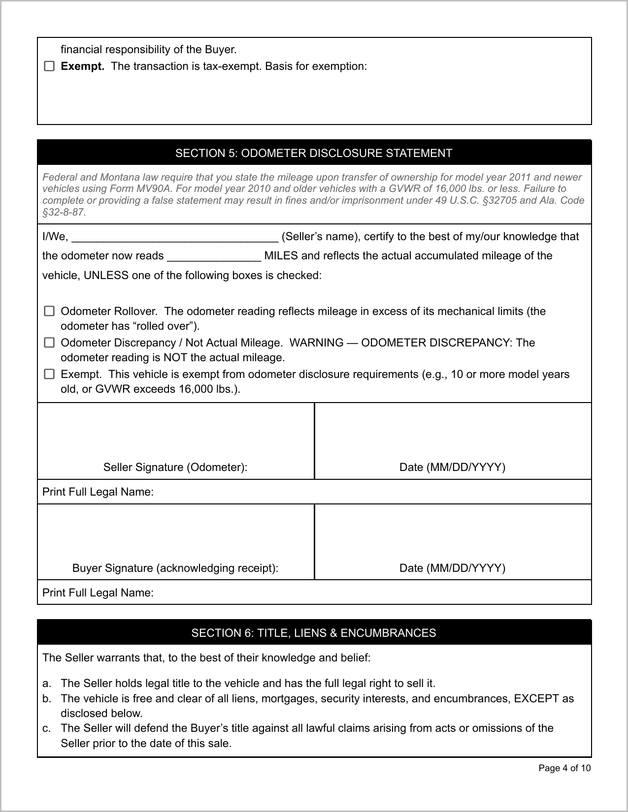 Free Montana Motor Vehicle Bill of Sale Template Page 1