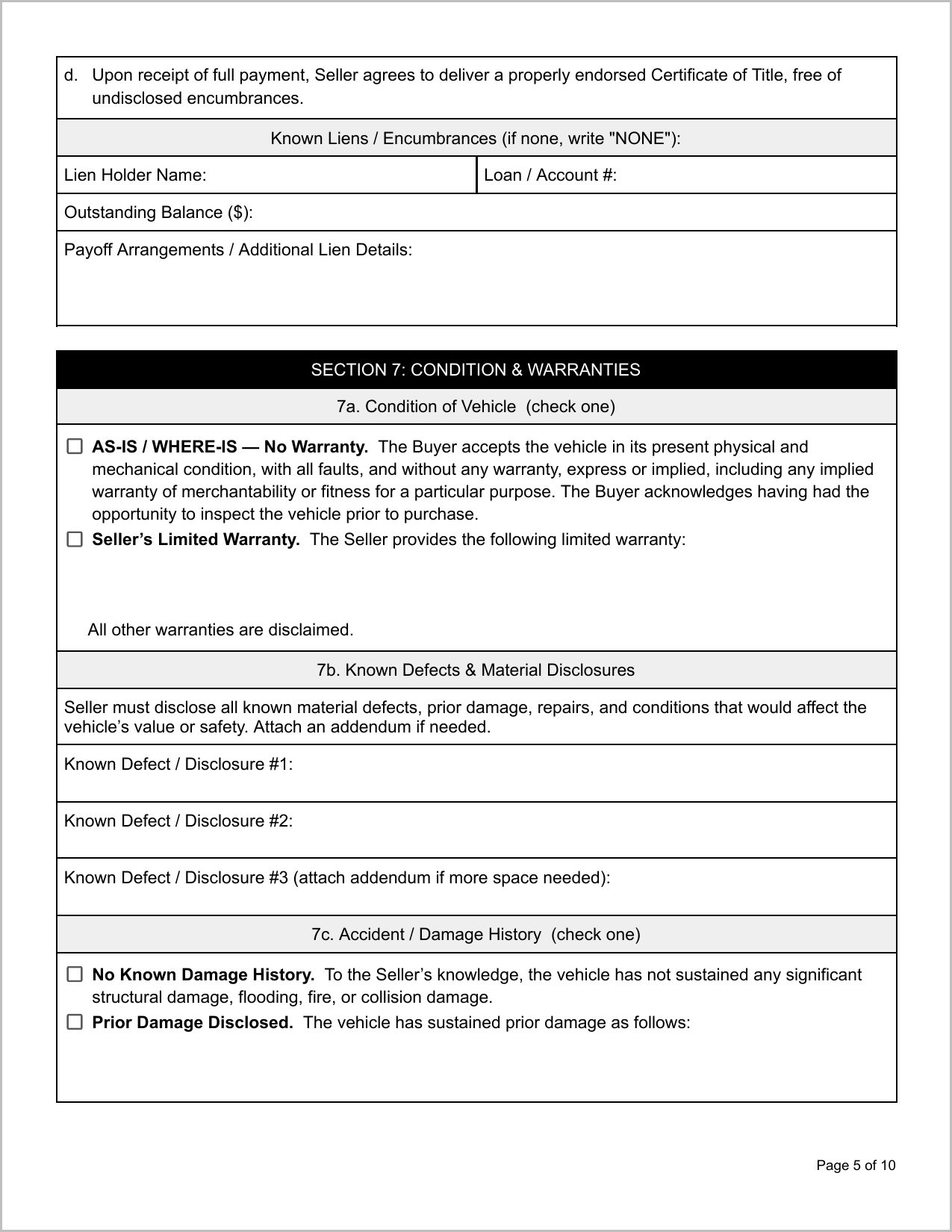 Free Montana Motor Vehicle Bill of Sale Template Page 1