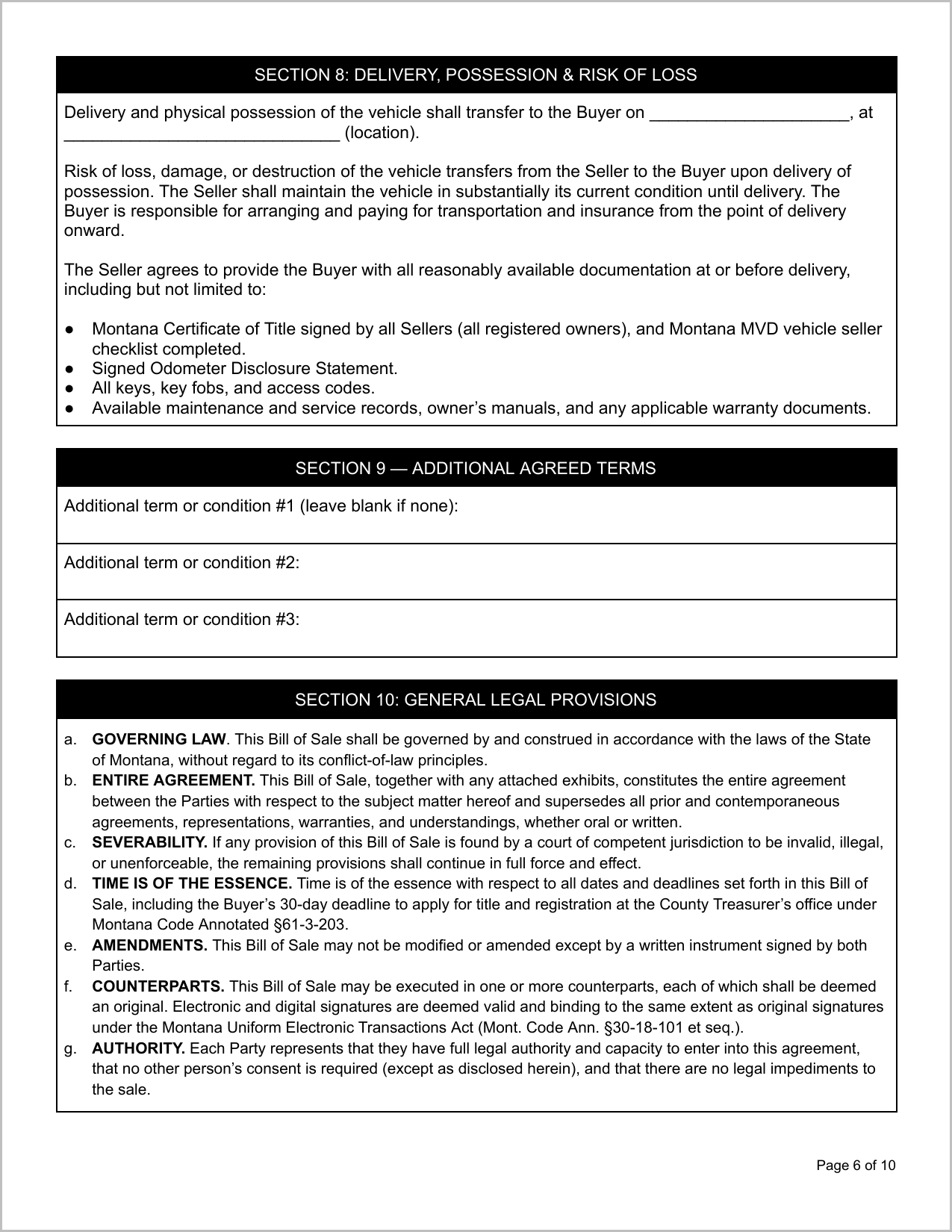 Free Montana Motor Vehicle Bill of Sale Template Page 1