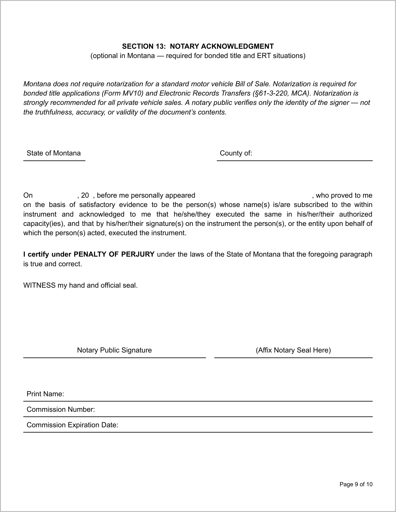 Free Montana Motor Vehicle Bill of Sale Template Page 1