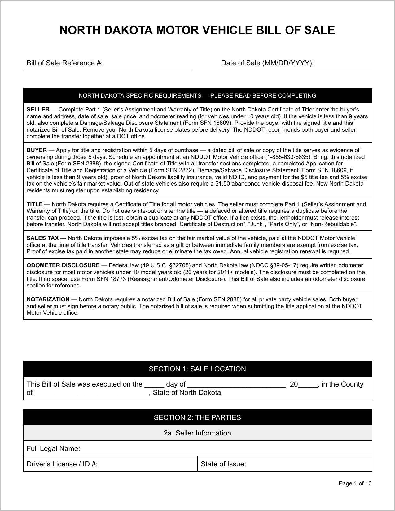 Free North Dakota Motor Vehicle Bill of Sale Template Page 1