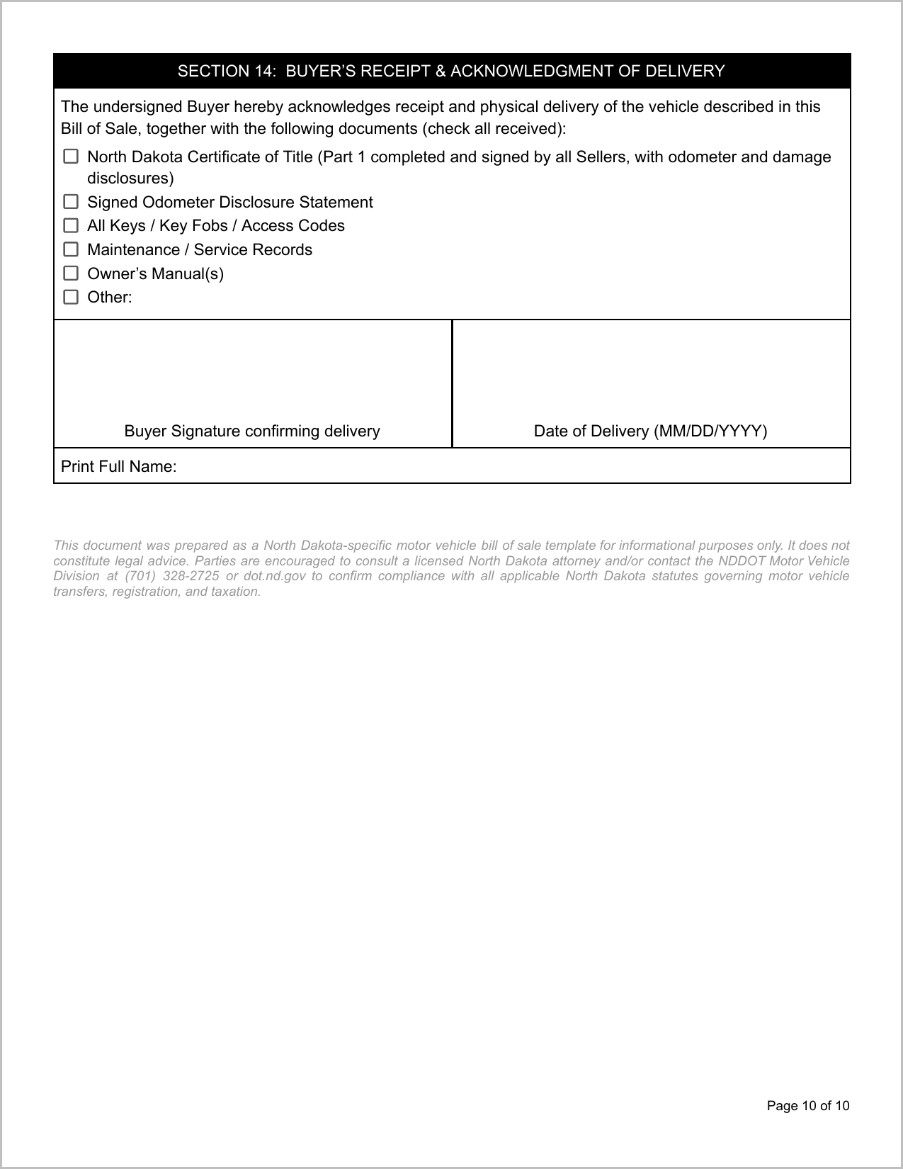Free North Dakota Motor Vehicle Bill of Sale Template Page 1