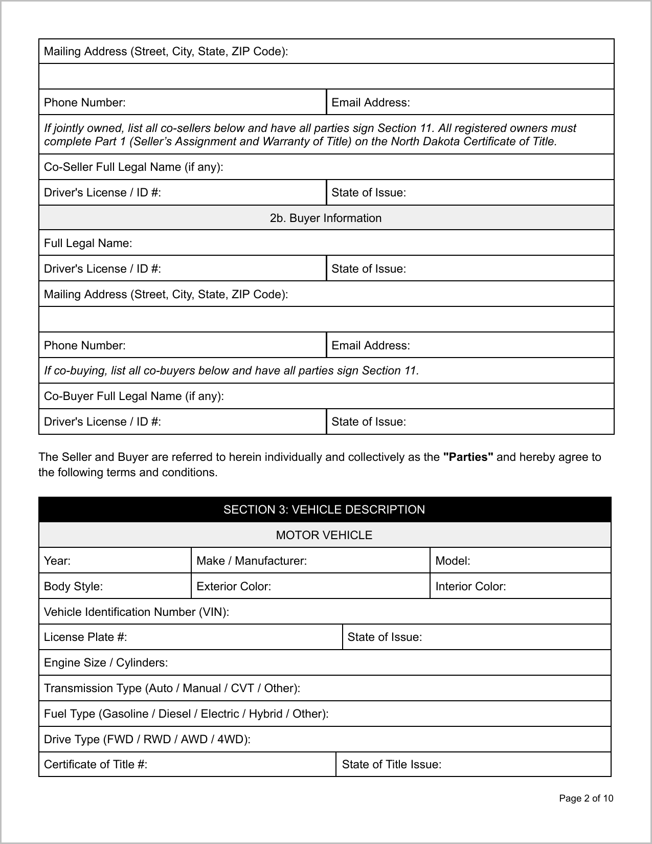 Free North Dakota Motor Vehicle Bill of Sale Template Page 2