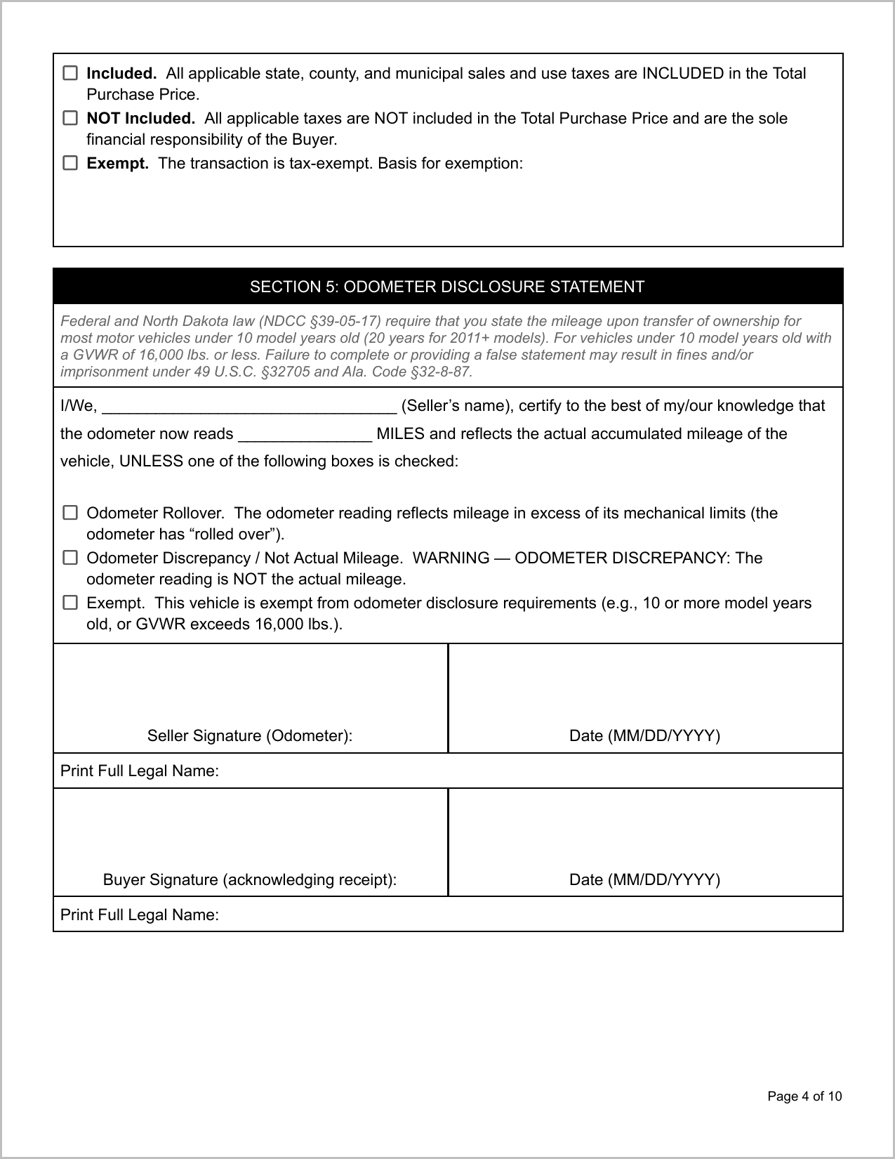 Free North Dakota Motor Vehicle Bill of Sale Template Page 1