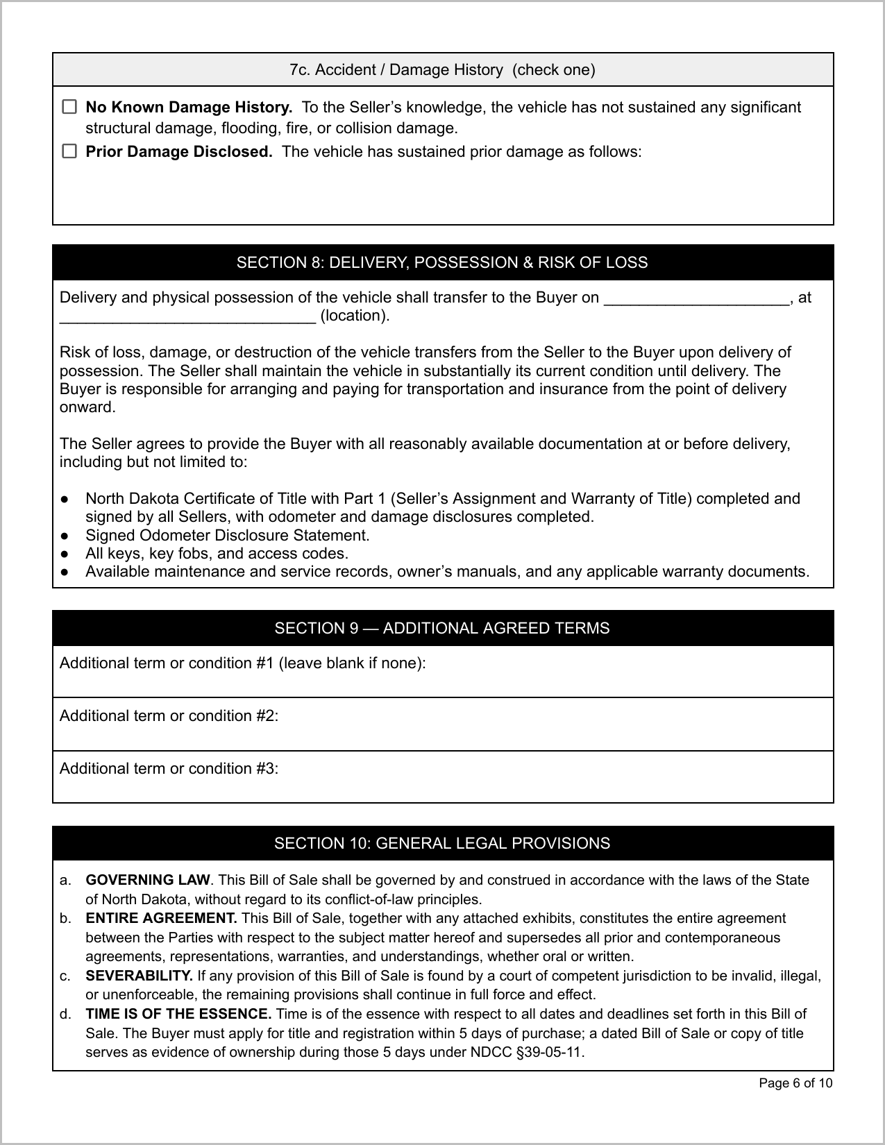 Free North Dakota Motor Vehicle Bill of Sale Template Page 1