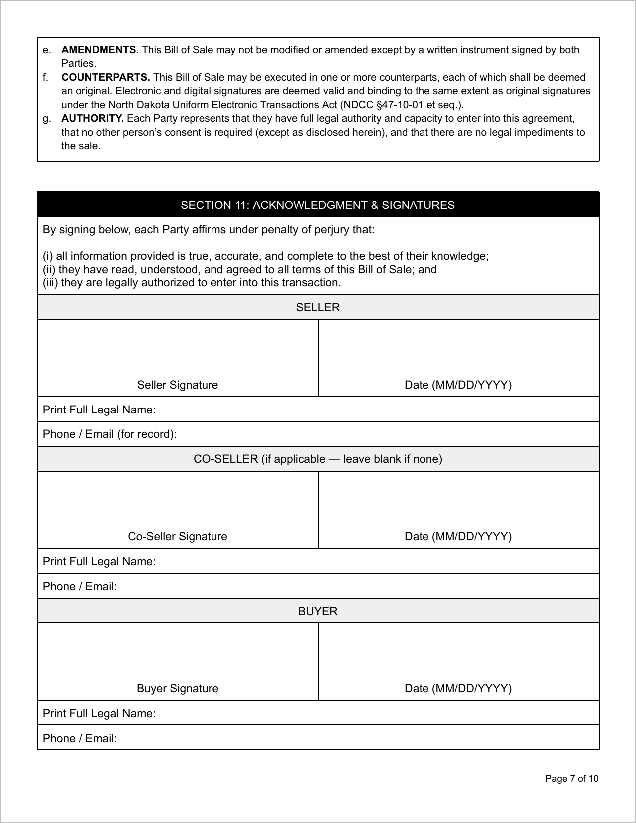 Free North Dakota Motor Vehicle Bill of Sale Template Page 1
