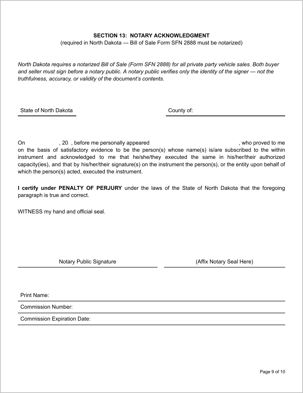 Free North Dakota Motor Vehicle Bill of Sale Template Page 1
