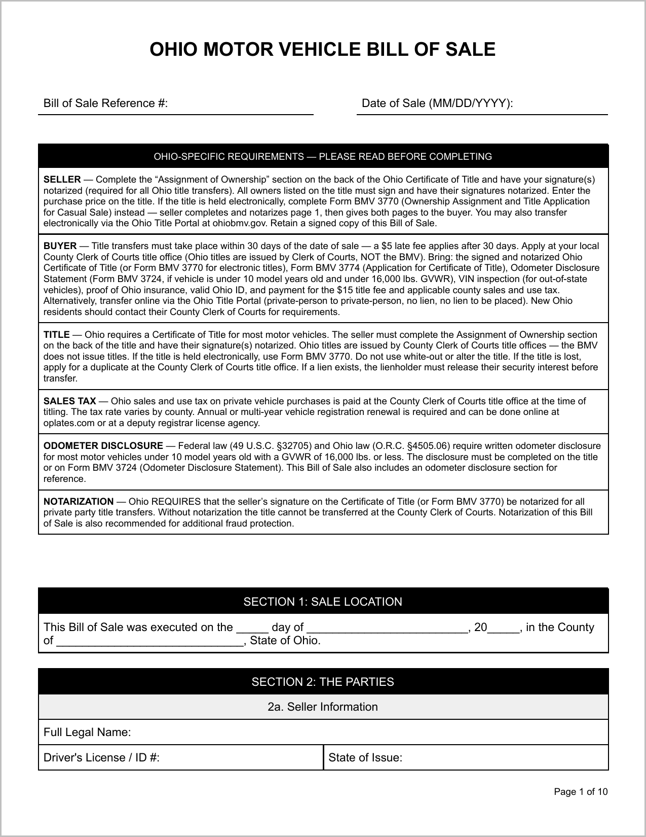 Free Ohio Motor Vehicle Bill of Sale Template Page 1