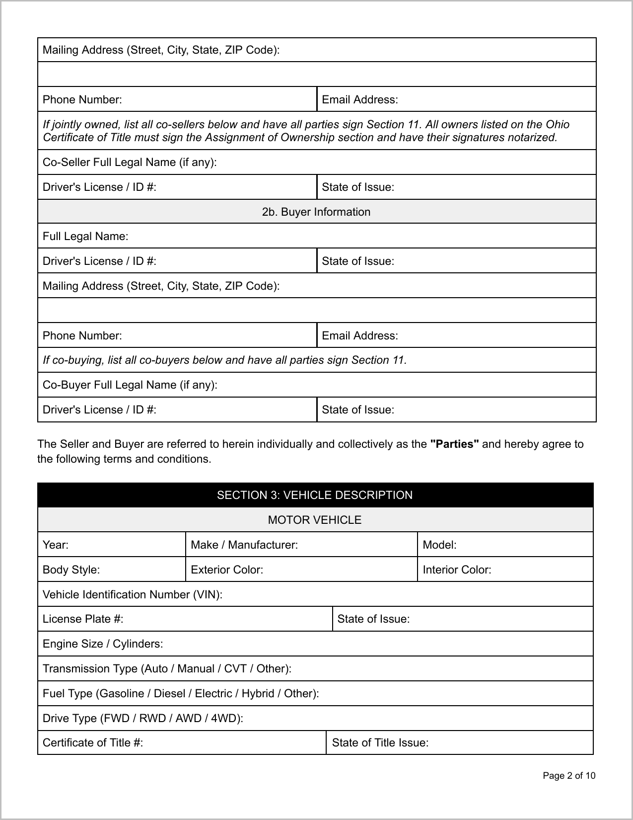 Free Ohio Motor Vehicle Bill of Sale Template Page 2