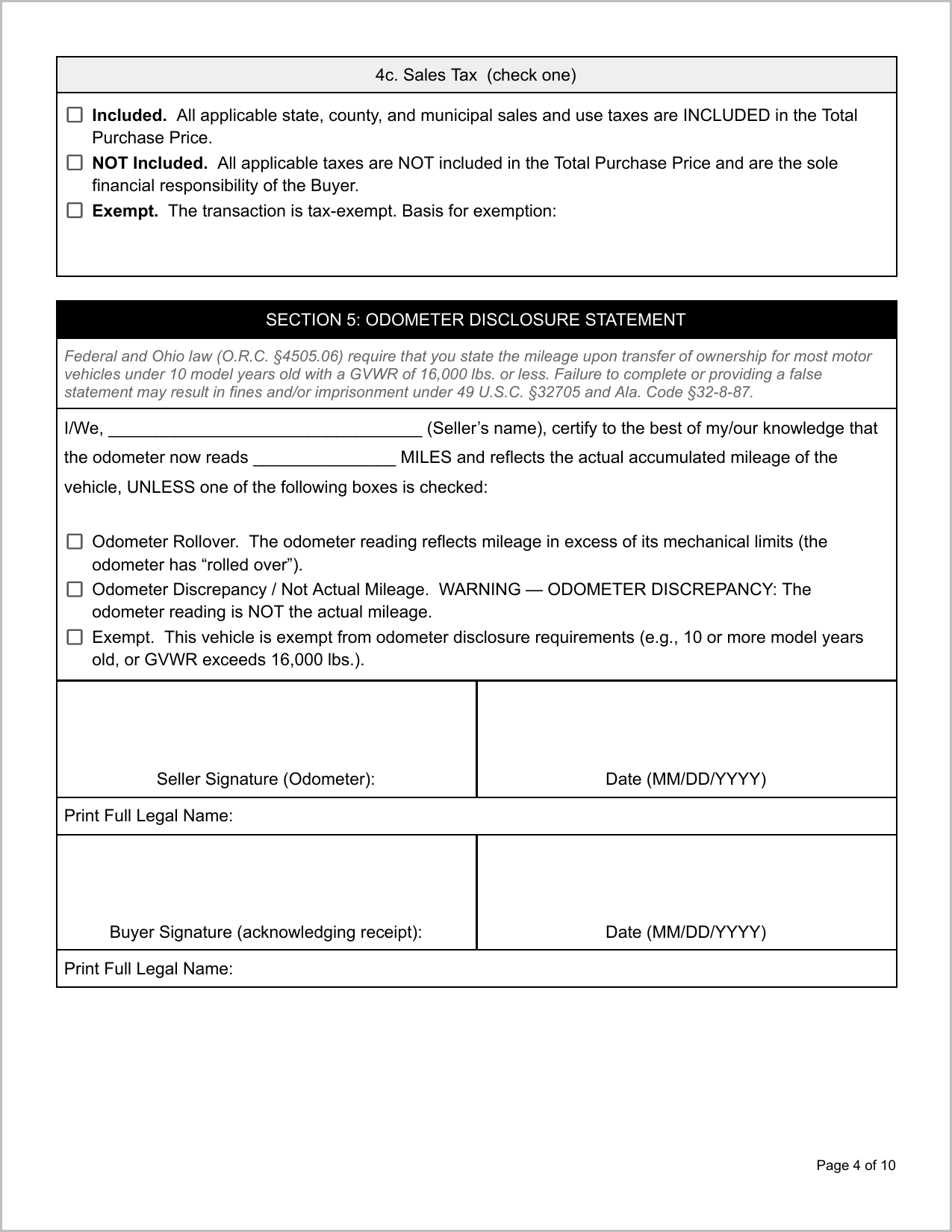 Free North Dakota Motor Vehicle Bill of Sale Template Page 1