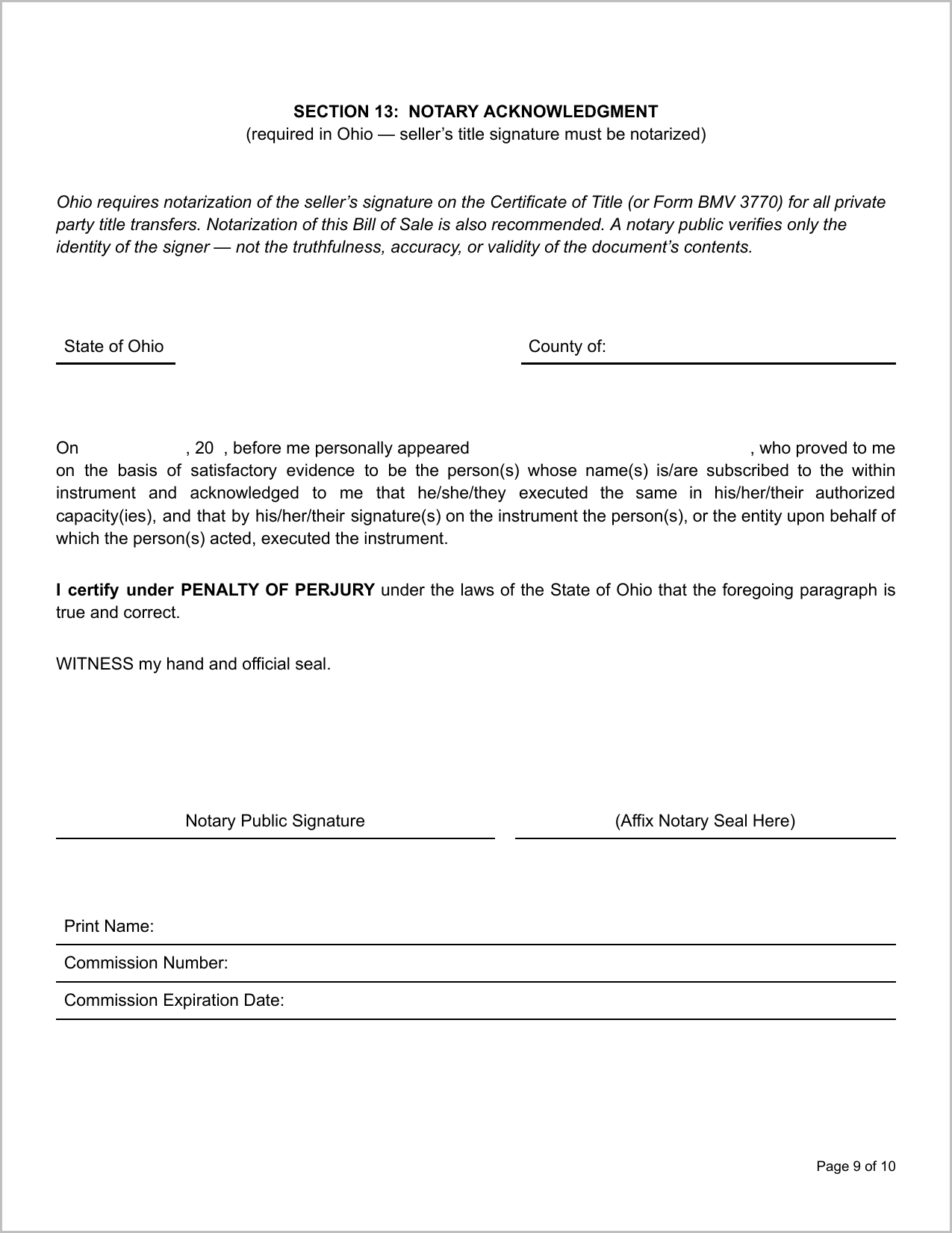 Free North Dakota Motor Vehicle Bill of Sale Template Page 1