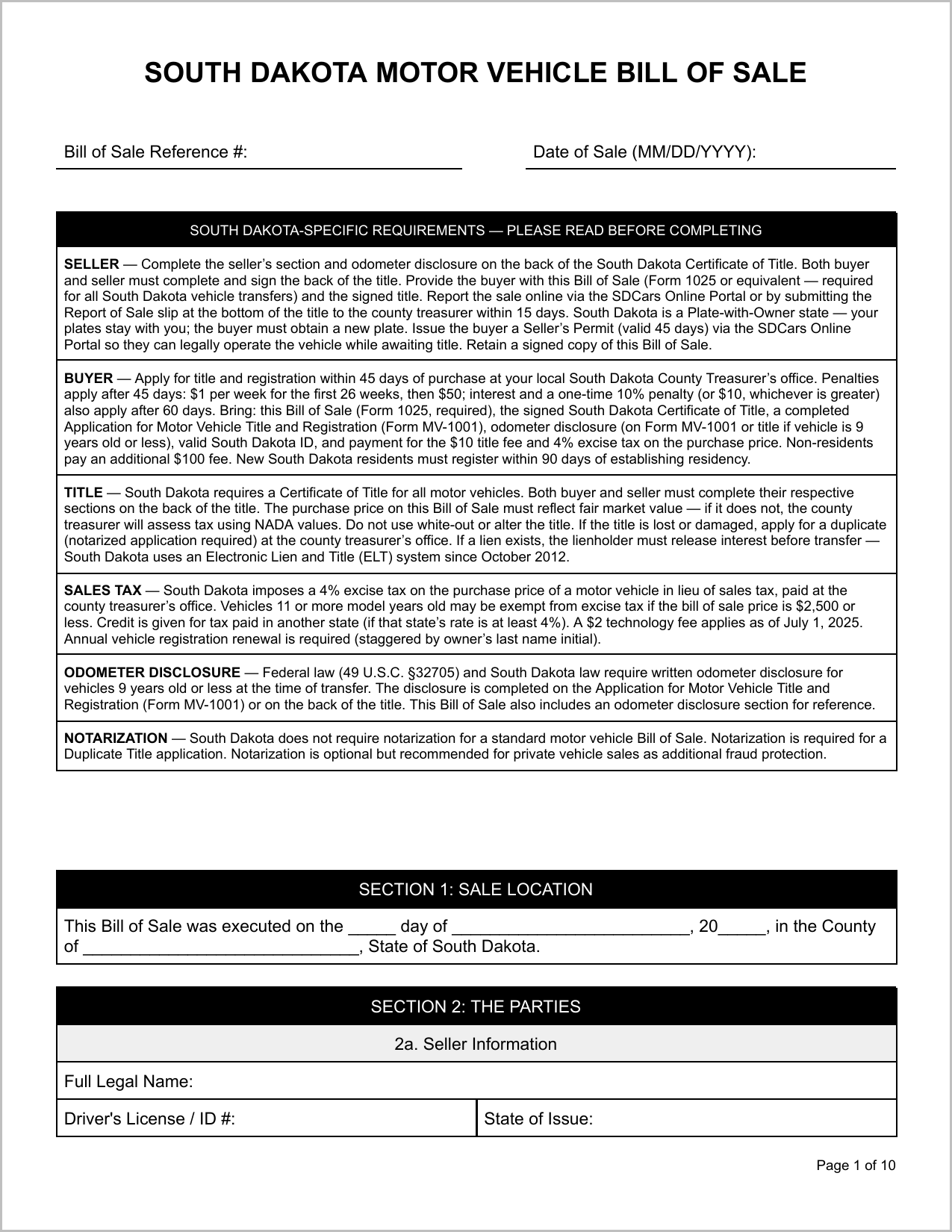 Free South Dakota Motor Vehicle Bill of Sale Template Page 1