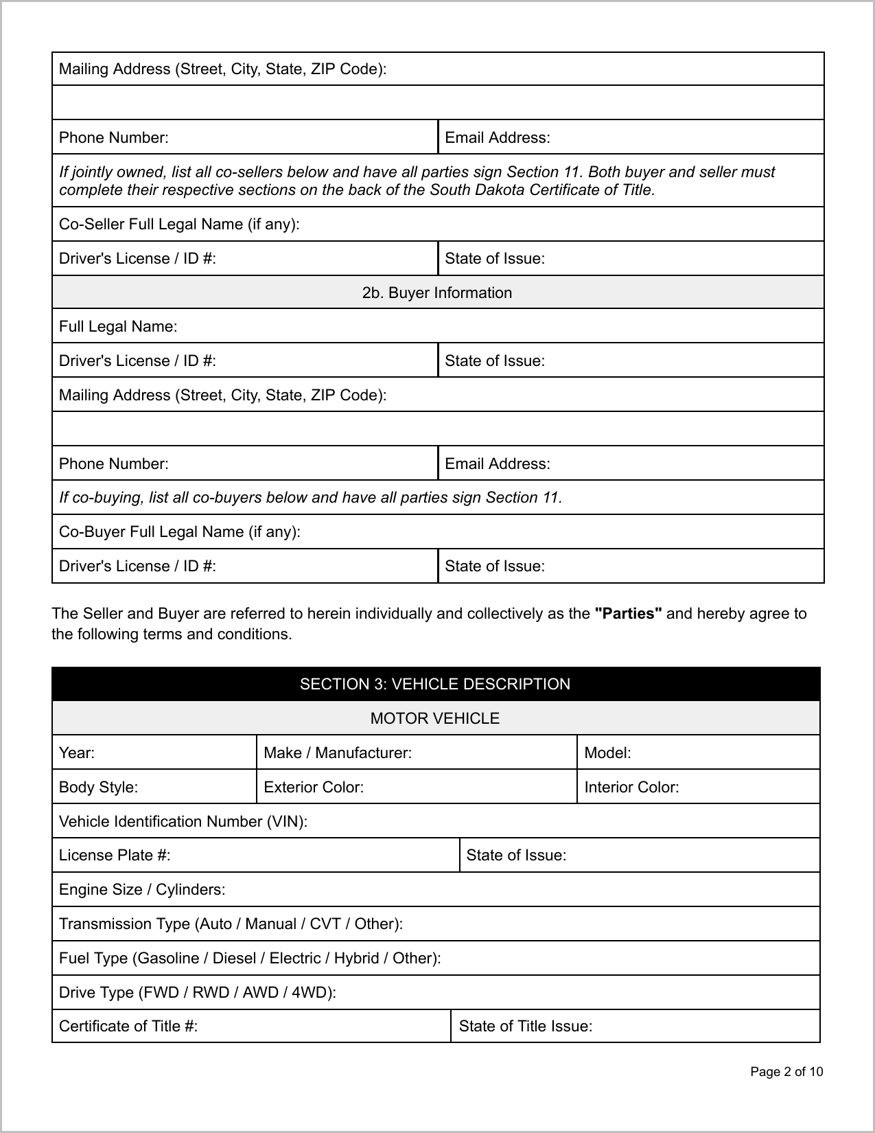 Free South Dakota Motor Vehicle Bill of Sale Template Page 2
