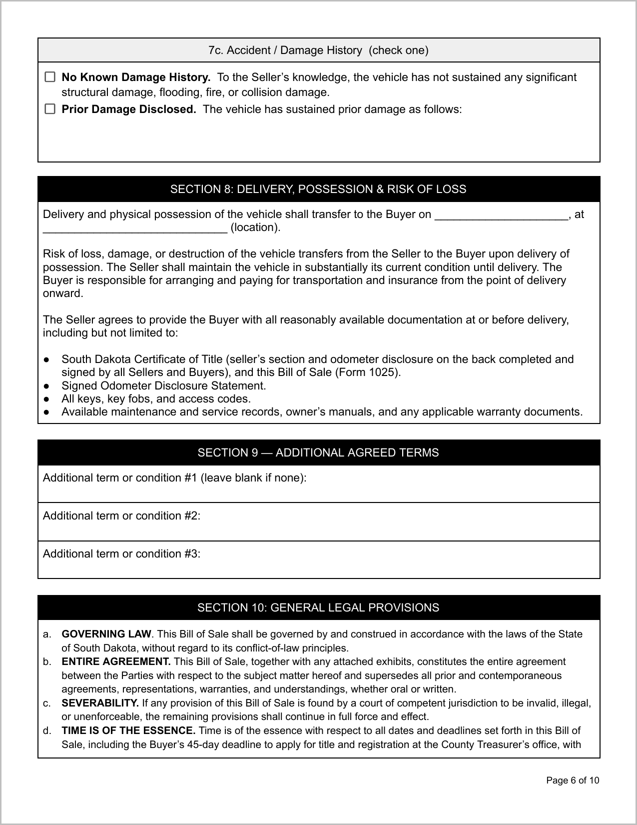 Free North Dakota Motor Vehicle Bill of Sale Template Page 1