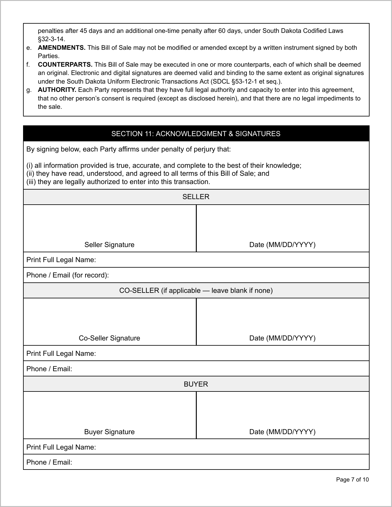 Free North Dakota Motor Vehicle Bill of Sale Template Page 1