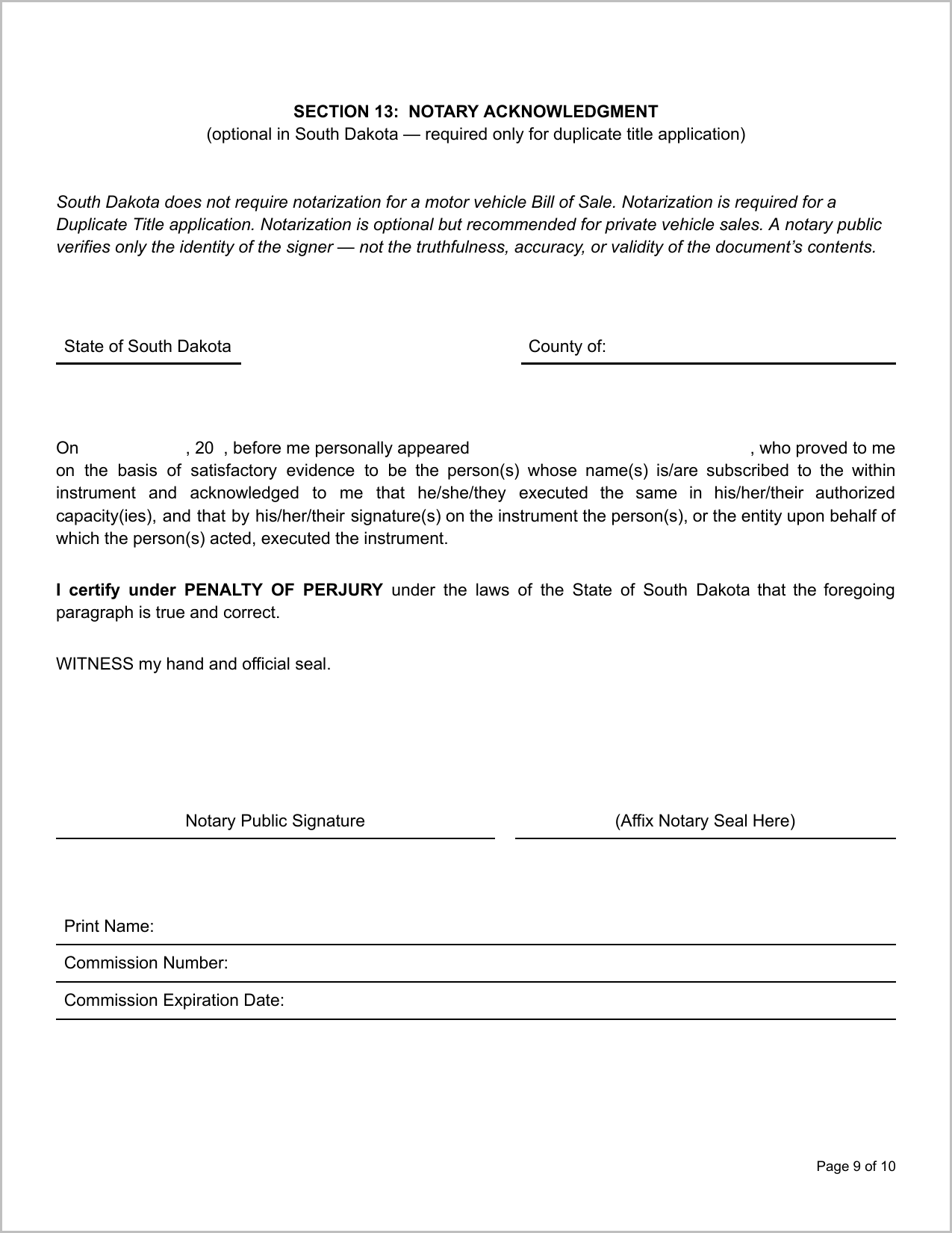 Free North Dakota Motor Vehicle Bill of Sale Template Page 1