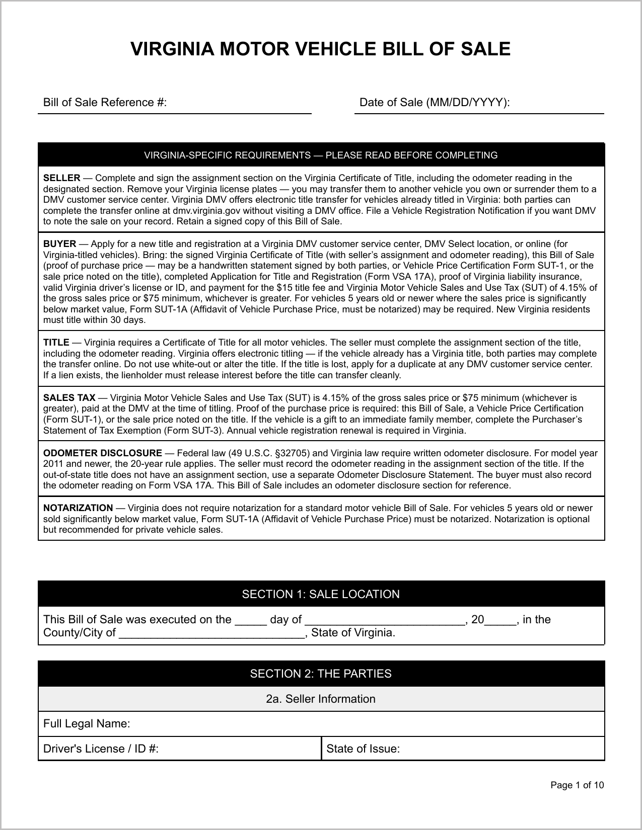 Free Virginia Motor Vehicle Bill of Sale Template Page 1