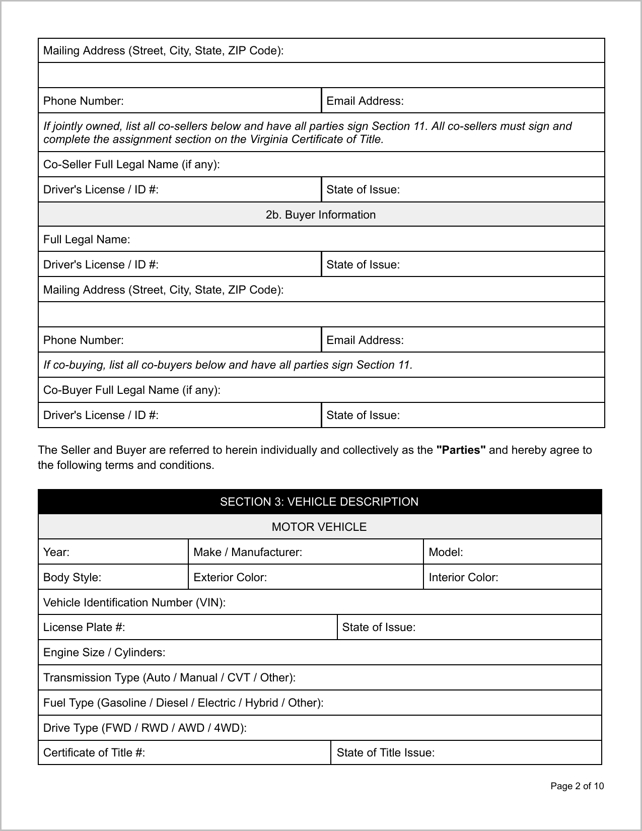 Free Virginia Motor Vehicle Bill of Sale Template Page 2