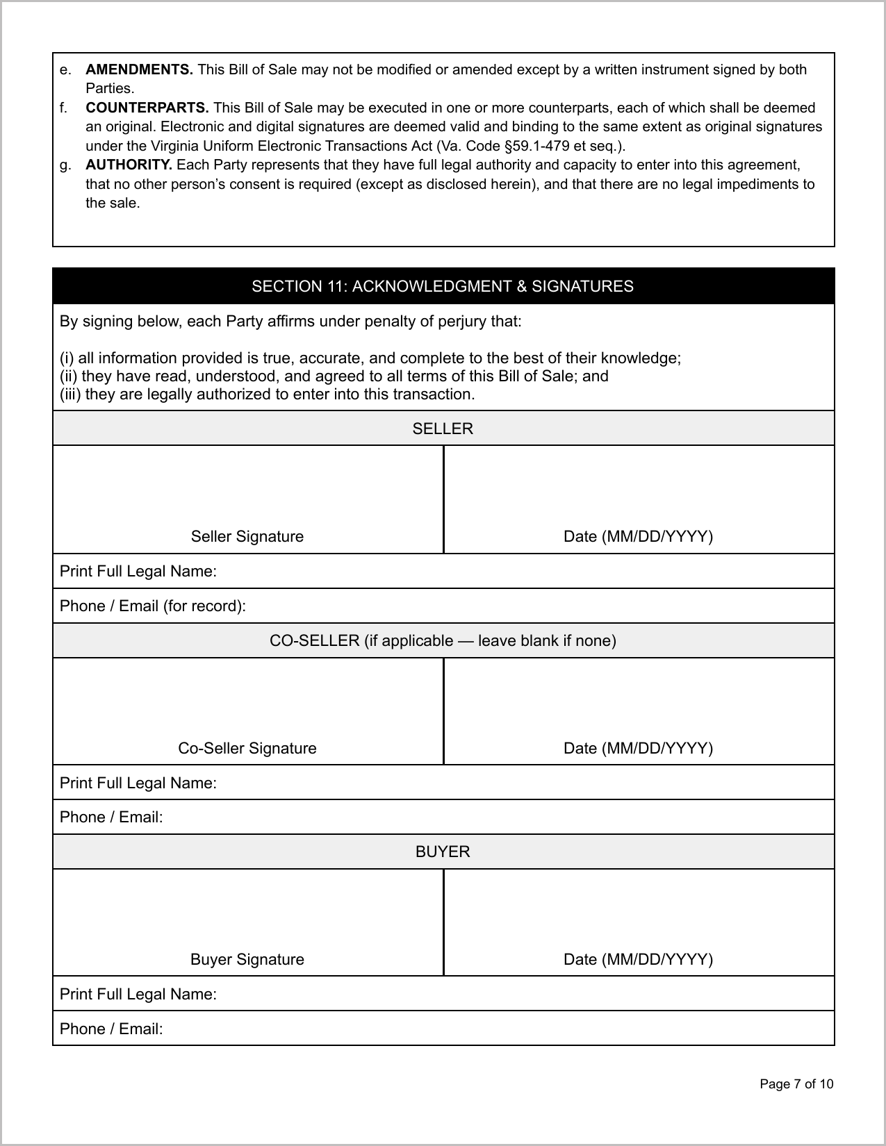 Free North Dakota Motor Vehicle Bill of Sale Template Page 1